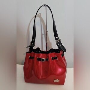 Beijo Red Patent Faux Leather Shoulder Bag with Black Trim